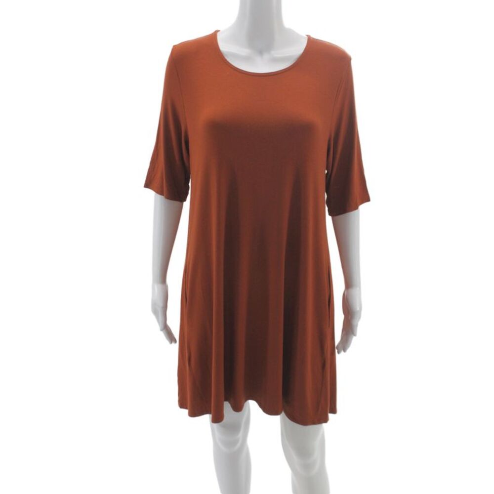 Eileen Fisher Womens Shift Dress Brown Cotton Knee Length 3/4 Sleeve Size M